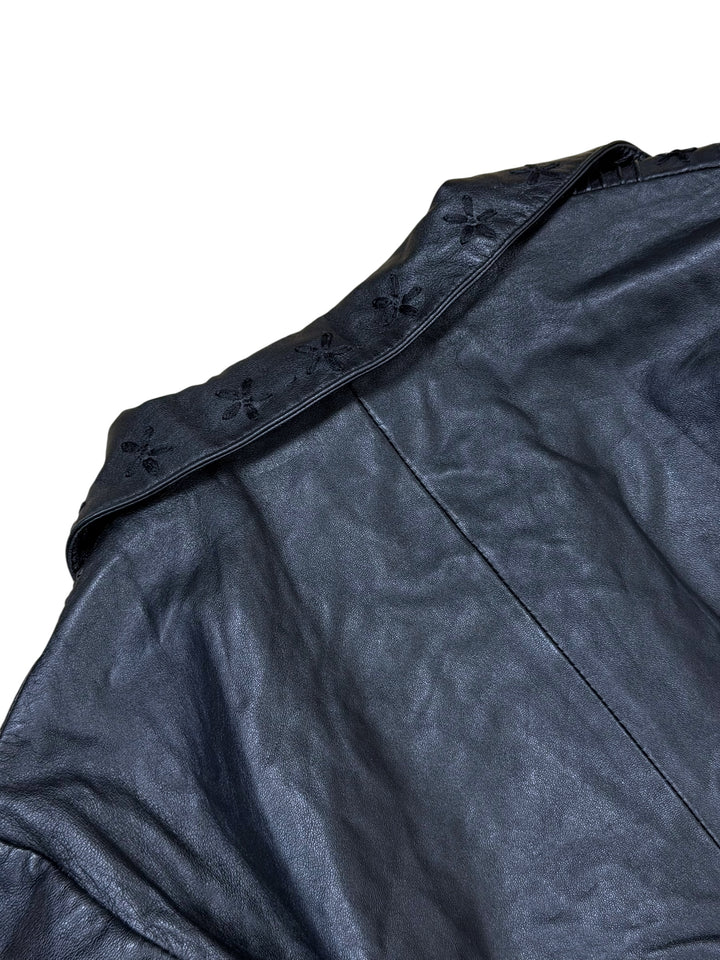 1990s Carla Carini Italy Black Embroidered Leather Jacket Medium