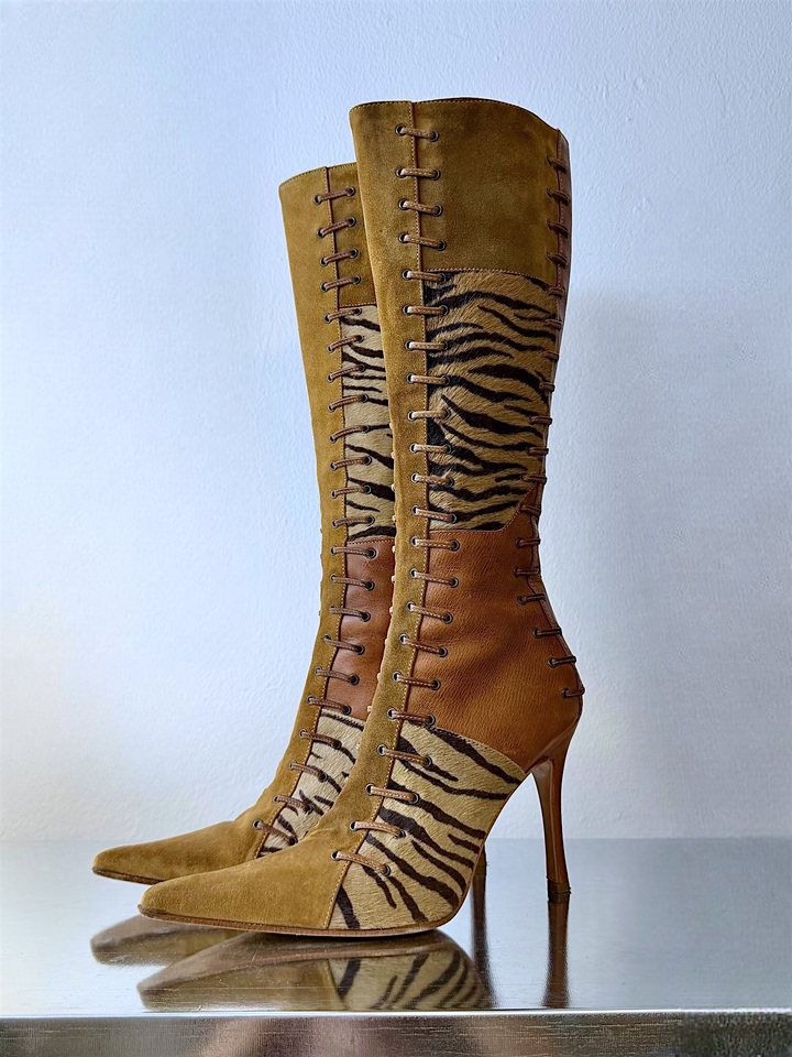 MARE 2000s lace-up leather boots with animal print panels