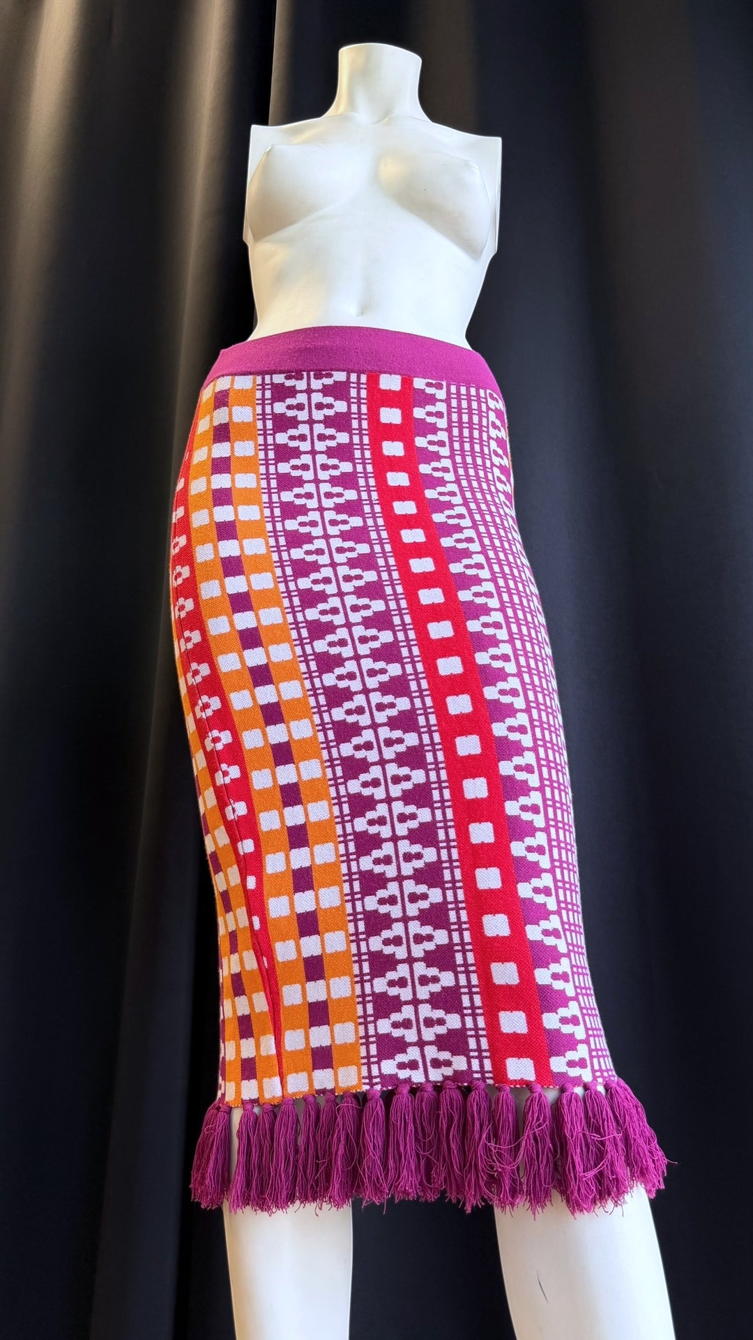 Pinko geometric knit midi skirt multicolor fringe hem small