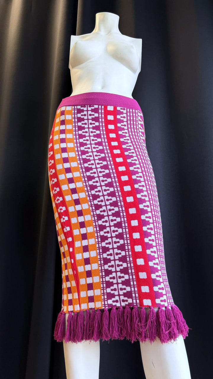 Pinko geometric knit midi skirt multicolor fringe hem small