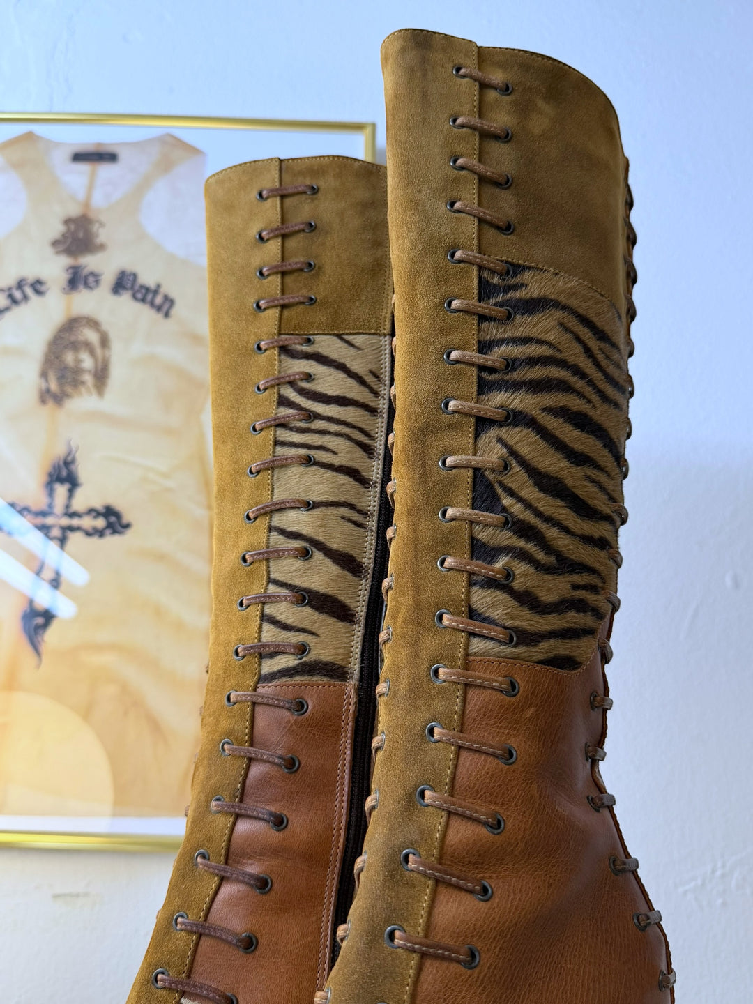 MARE 2000s lace-up leather boots with animal print panels