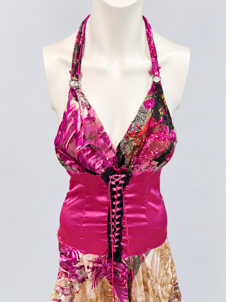 2000s halter asymmetric floral dress