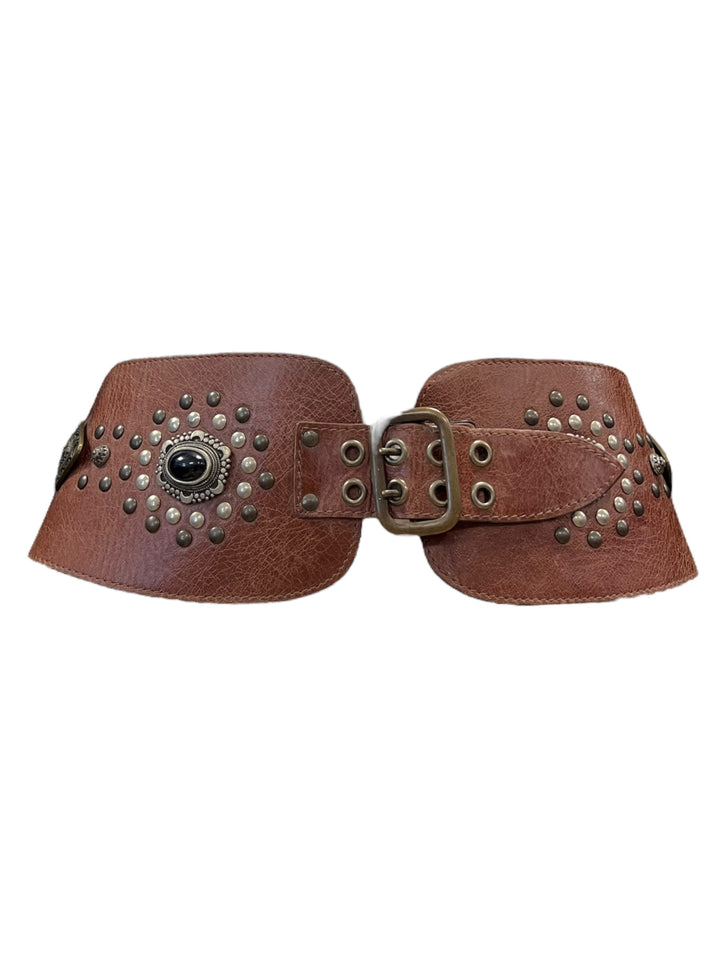 Vintage Brown Leather Belt with Studs & Gemstone Details