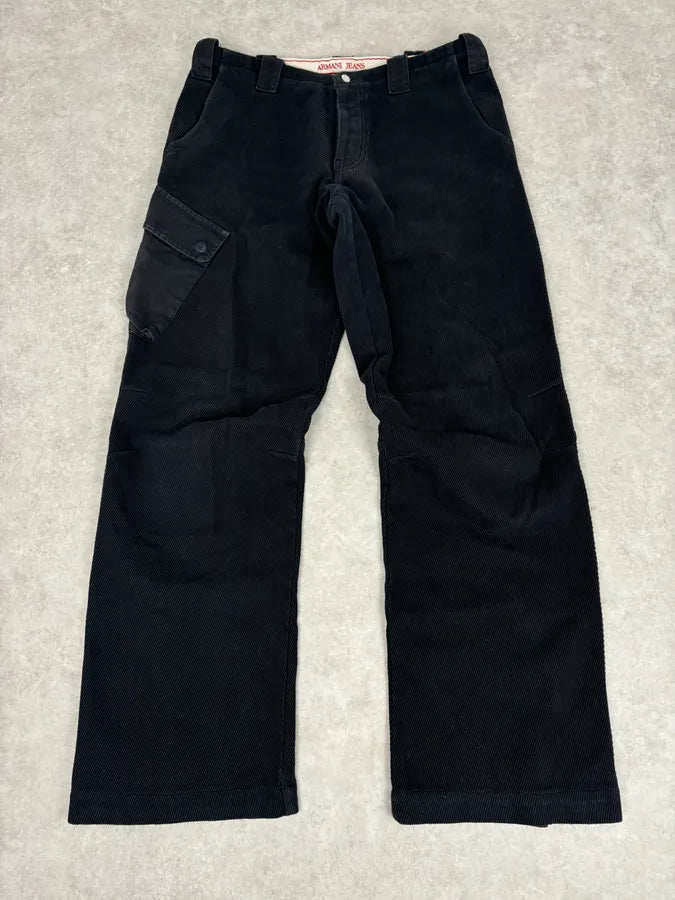AW2005 Armani black corduroy cargo wide-leg pants