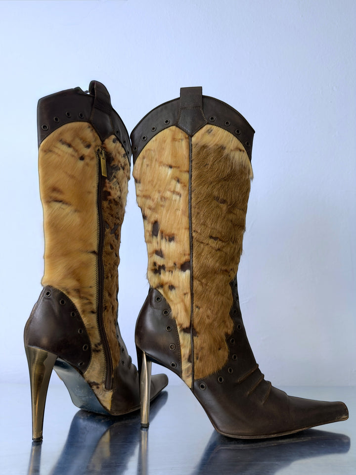 Coccinelle vintage pony hair leather knee high boots brown italian stiletto heels