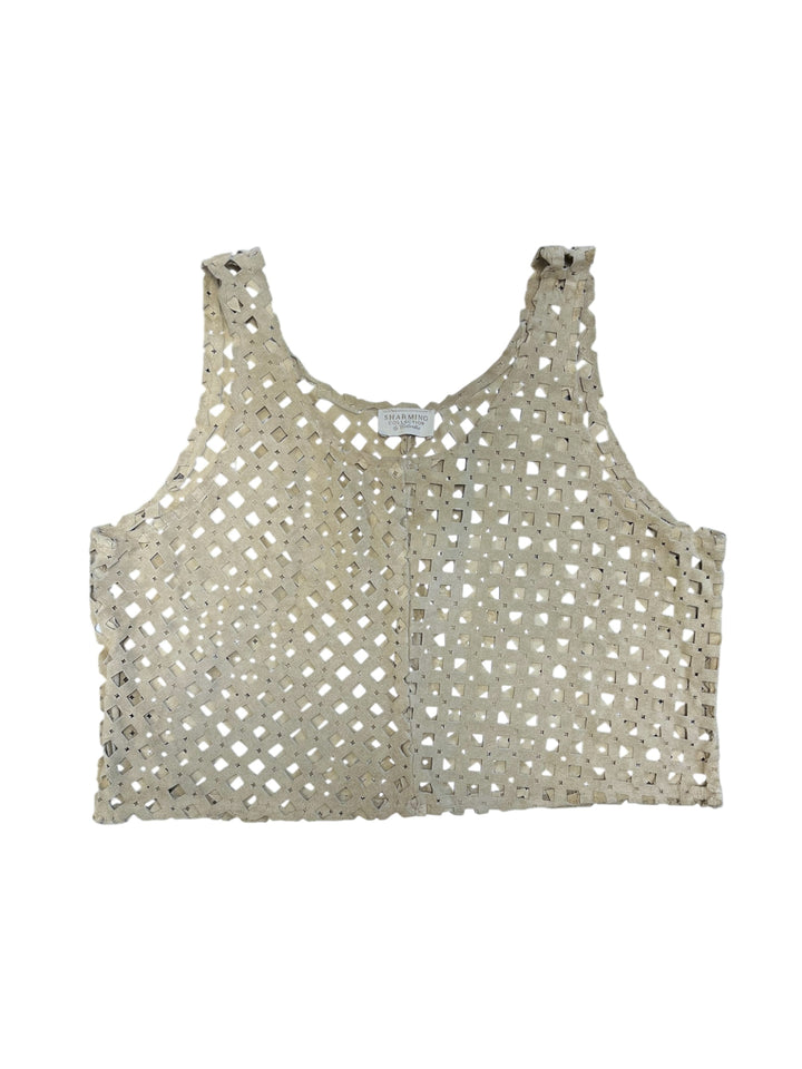 Vintage Sharming Suede Lattice Crop Top – Handmade Patchwork Design Large