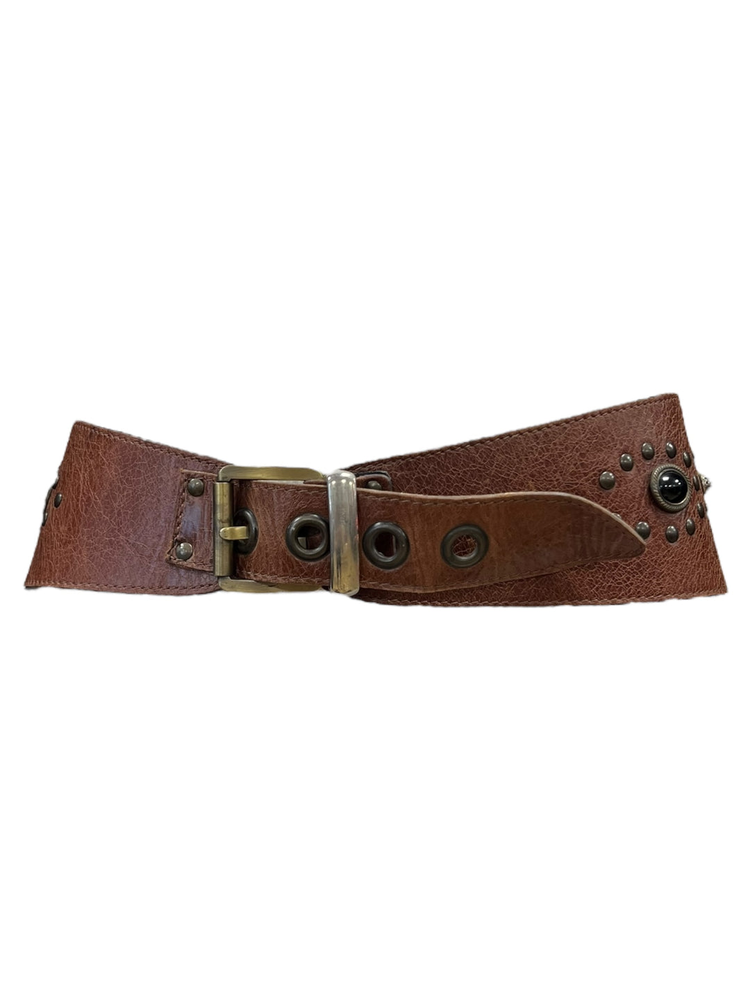 Vintage Brown Leather Belt with Studs & Gemstone Details