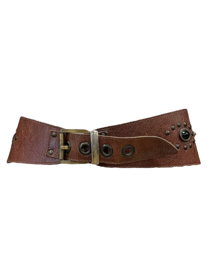 Vintage Brown Leather Belt with Studs & Gemstone Details