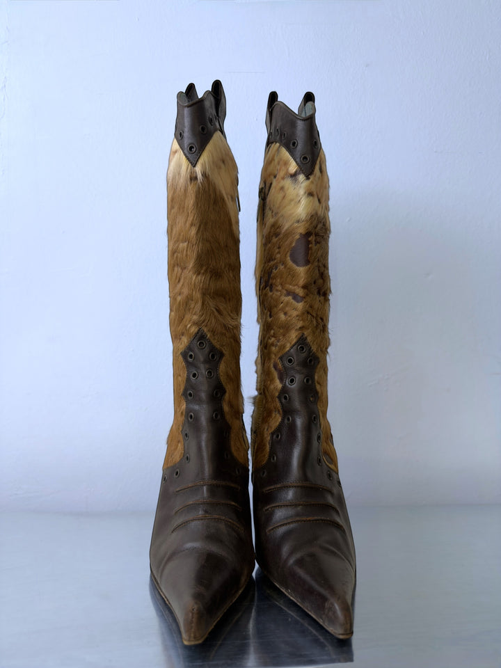 Coccinelle vintage pony hair leather knee high boots brown italian stiletto heels