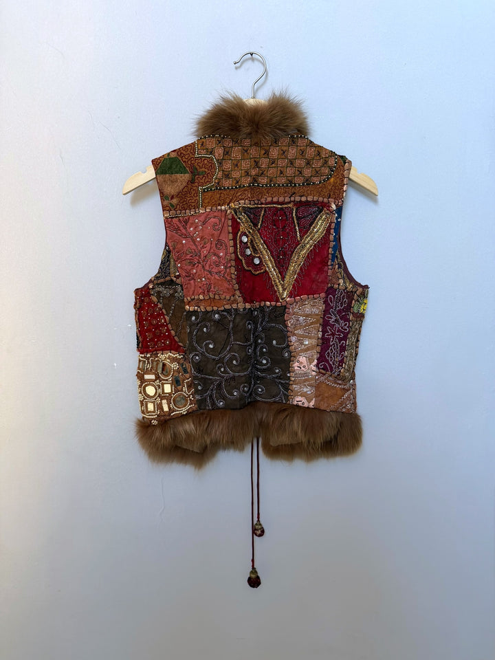 Pinko Laborioso Embroidered Patchwork Fur-Trim Vest S-M