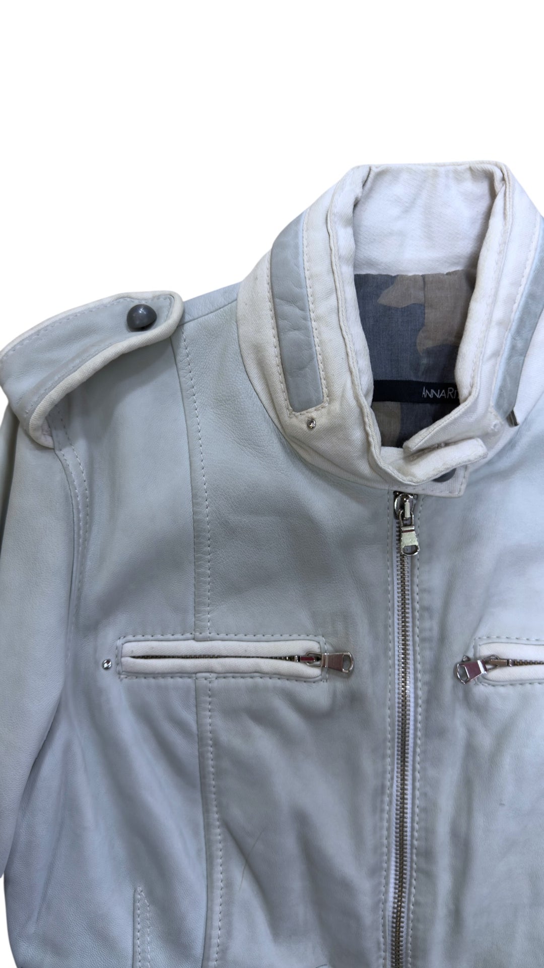 Annarita N white leather moto jacket