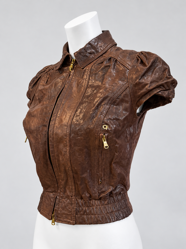 Cristinaeffe brown leather puff-sleeve jacket