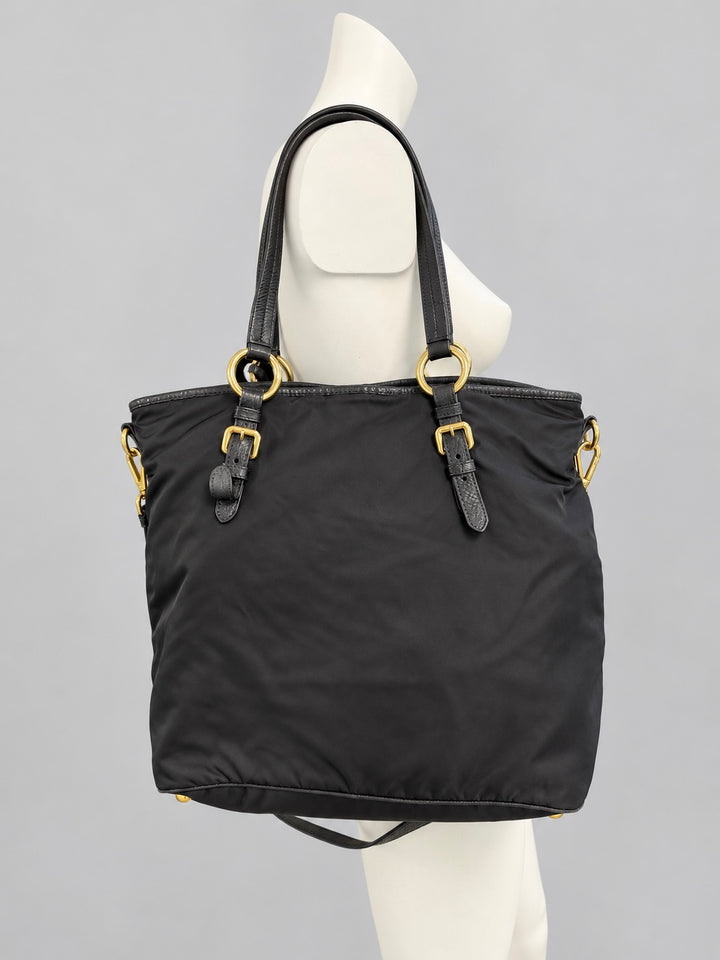 Prada black nylon & leather tote bag