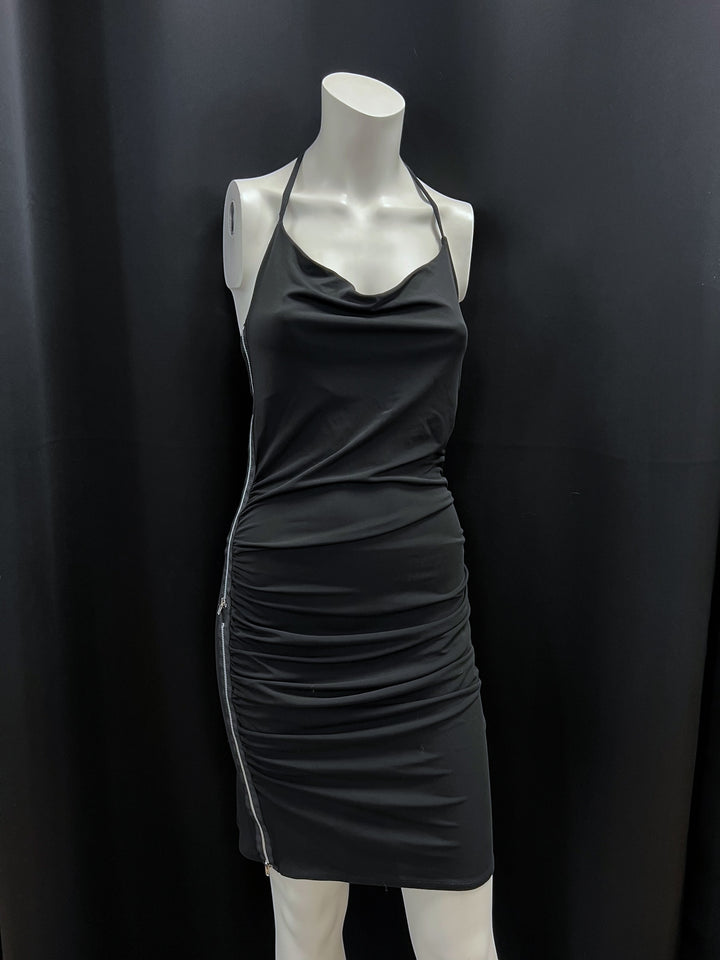 Black Halter Mini Dress with Side Zippers Medium