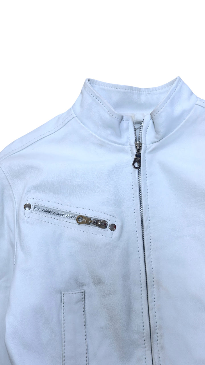 Vintage cropped leather moto jacket white