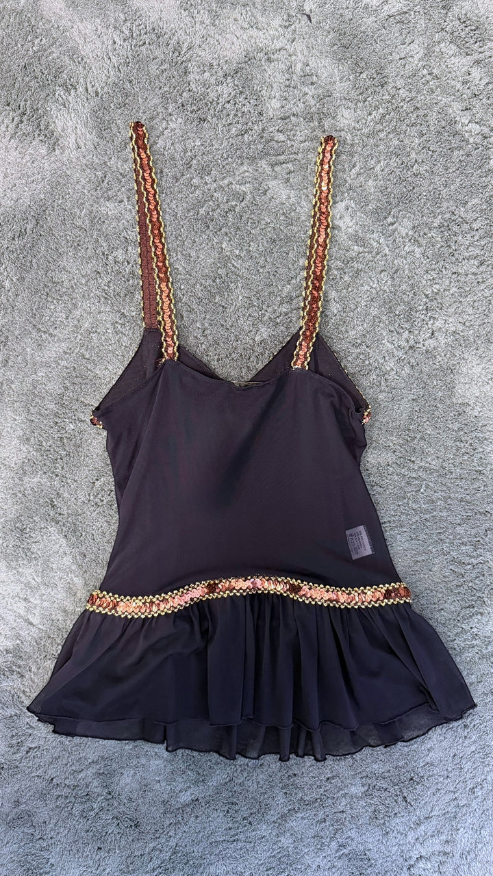 Vintage black sheer sequin strap top