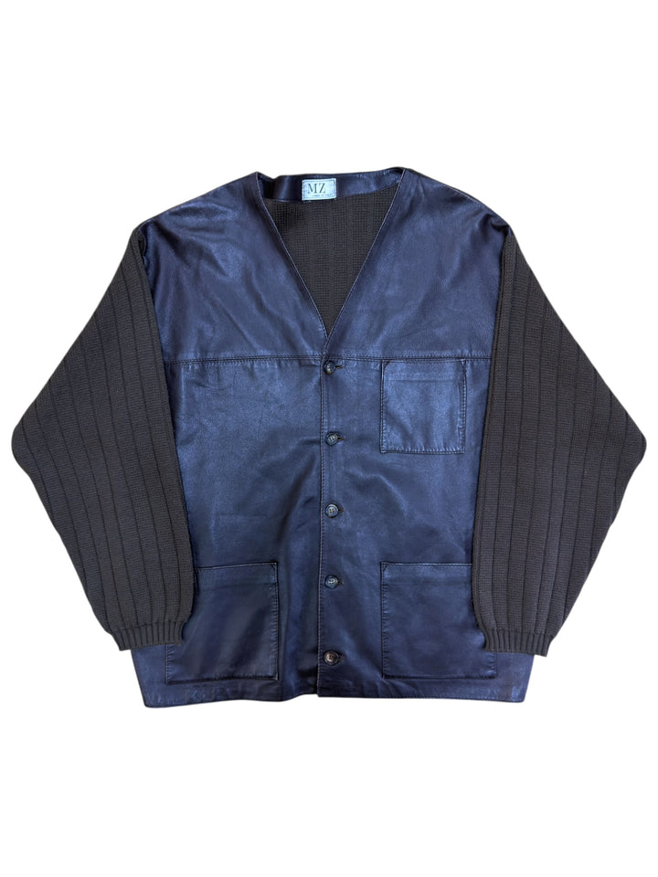 Vintage Italian leather knit cardigan jacket brown / navy – XL