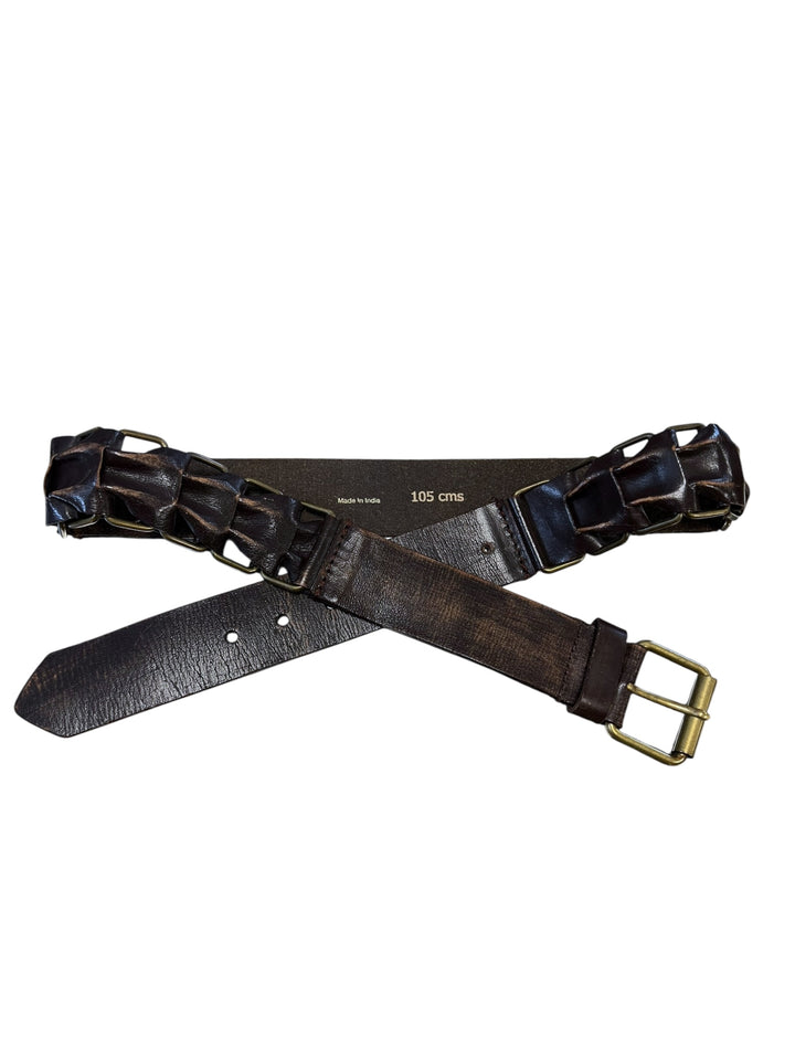 Vintage Brown Leather Belt with Woven Chain Detail