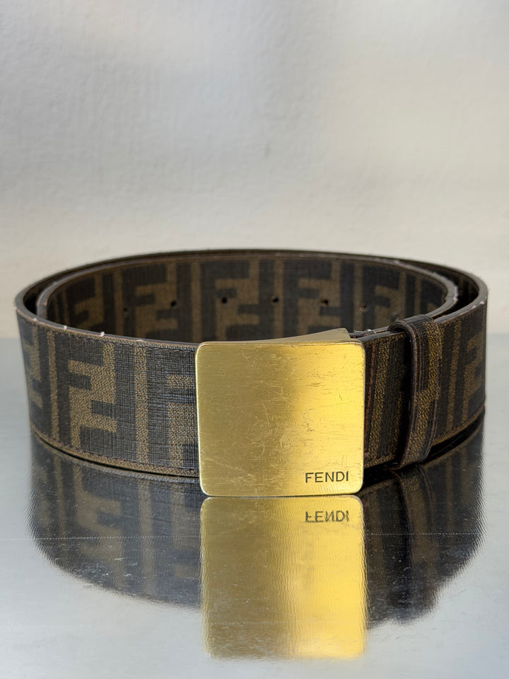 FENDI Late 1990s Zucca Canvas Belt with Brass Plate Buckle