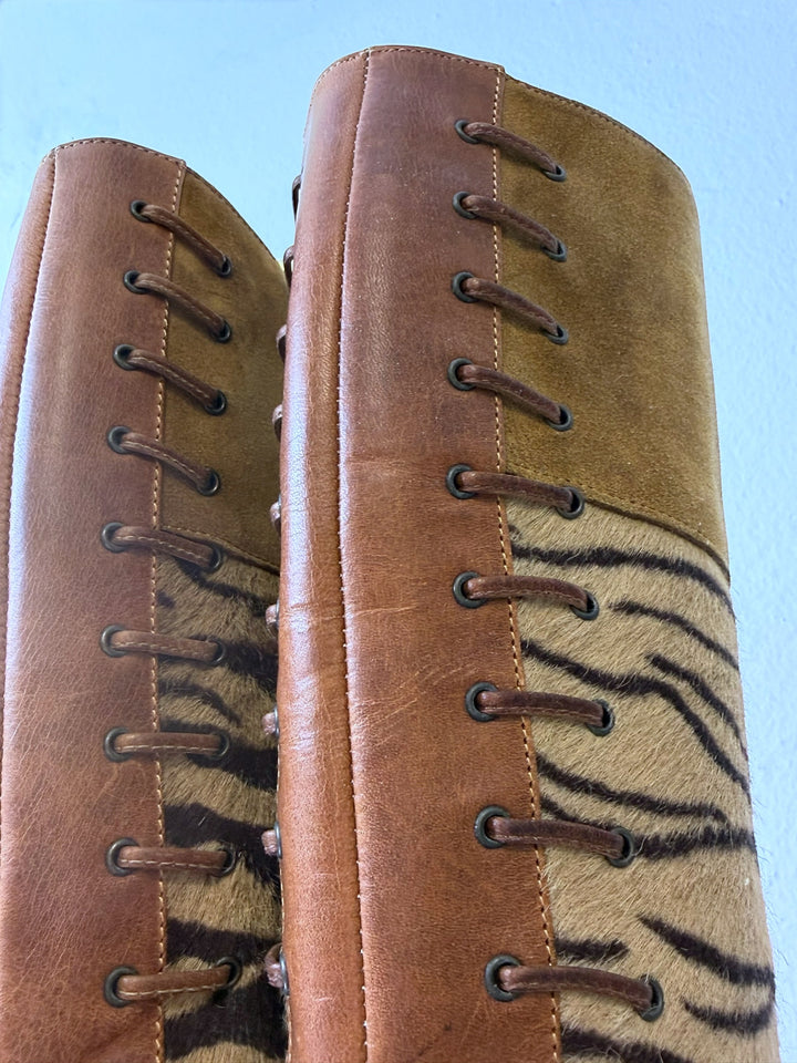 MARE 2000s lace-up leather boots with animal print panels