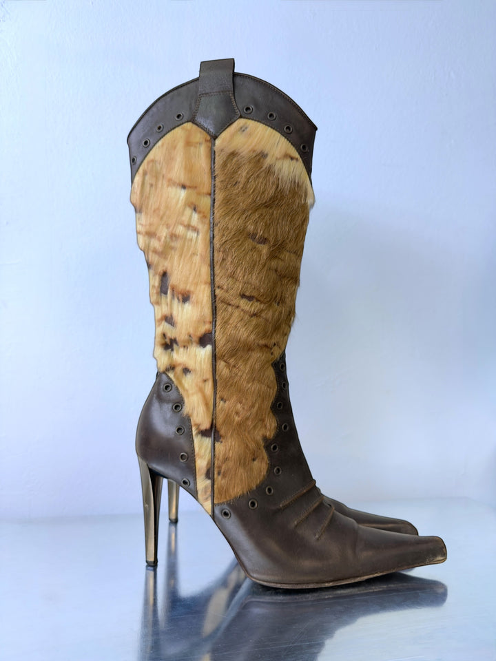 Coccinelle vintage pony hair leather knee high boots brown italian stiletto heels