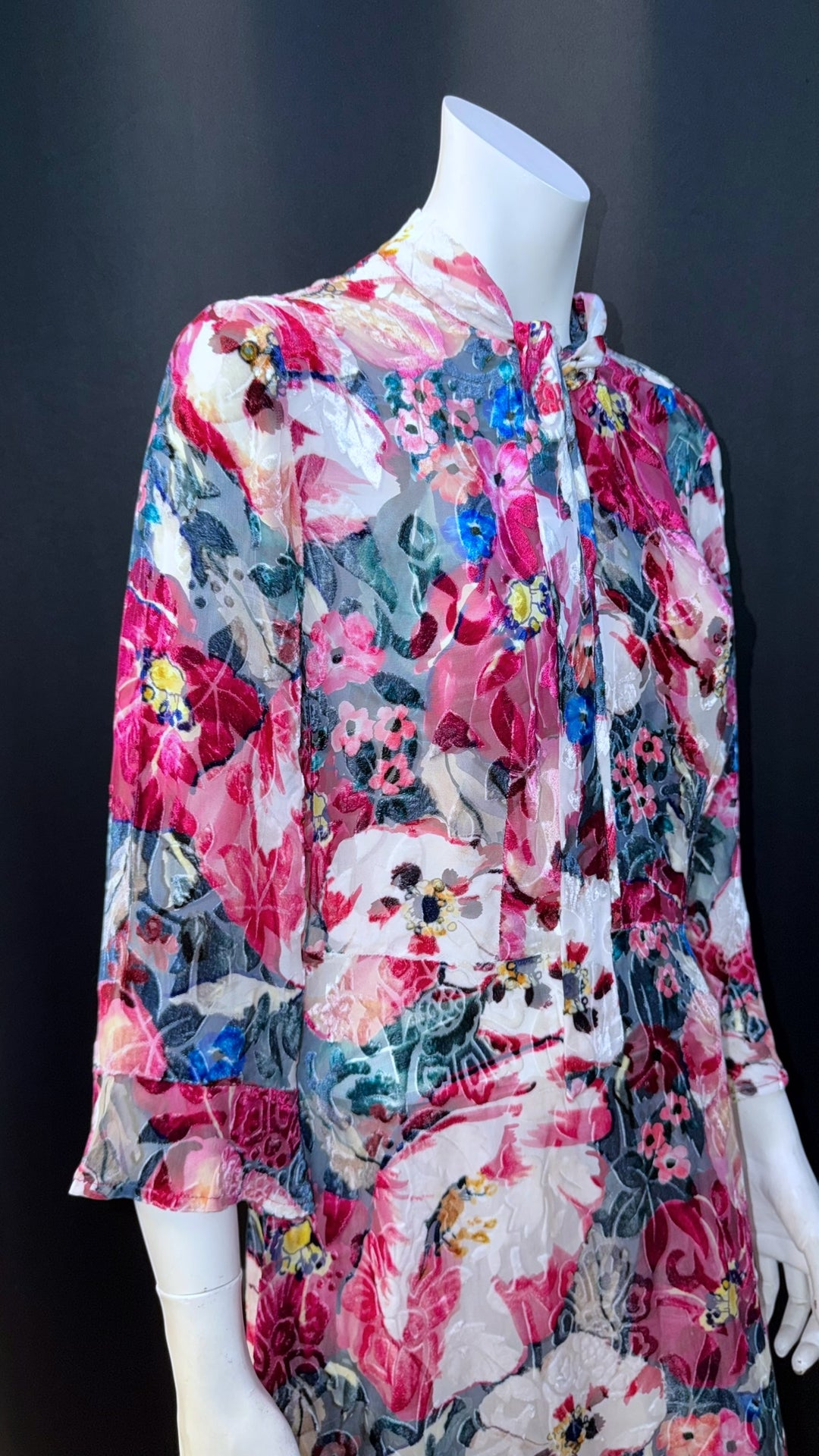 MAX&Co floral velvet-sheer dress w/ tie neck, semi-sheer sleeves