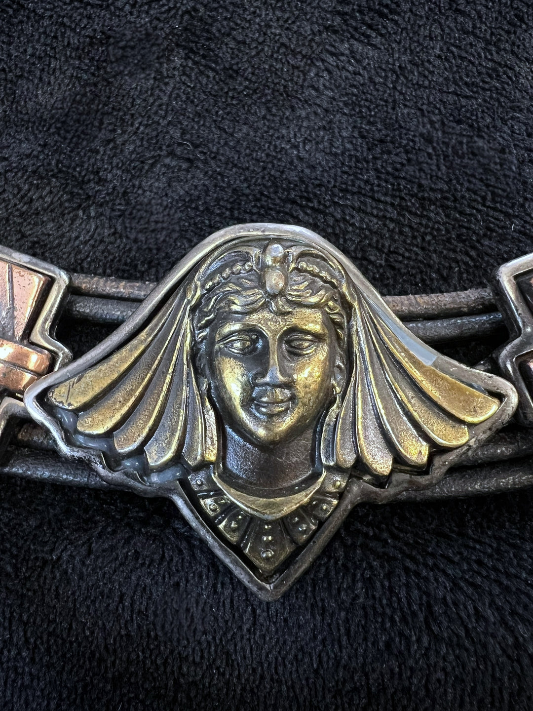Vintage Egyptian Revival Statement Belt – Black Leather with Mixed Metal Details