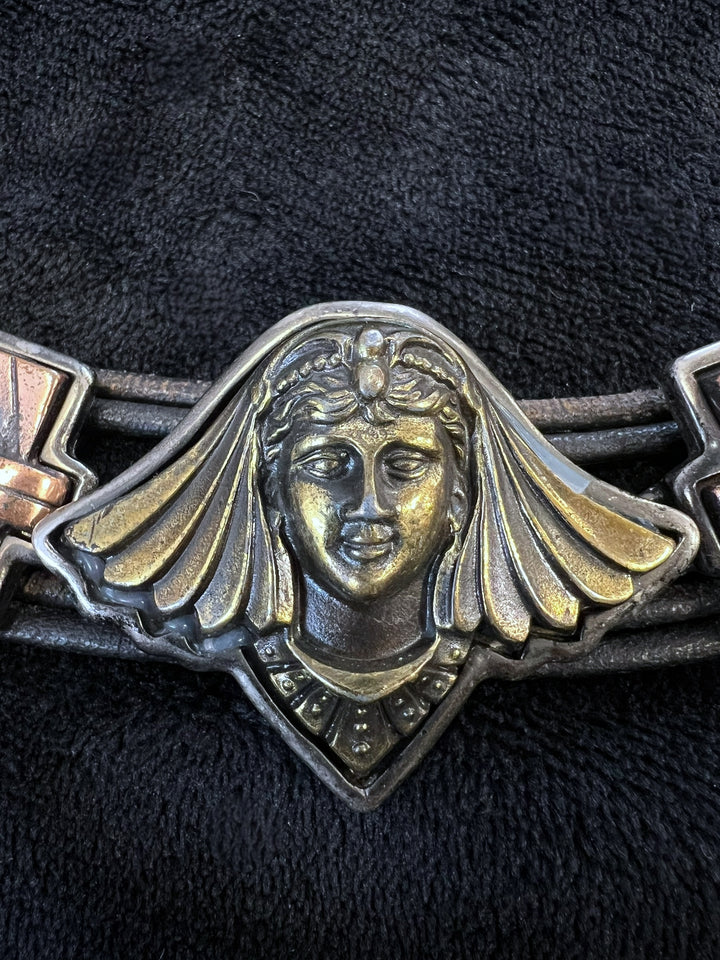 Vintage Egyptian Revival Statement Belt – Black Leather with Mixed Metal Details