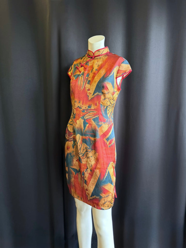 Vintage abstract-print qipao mini dress medium