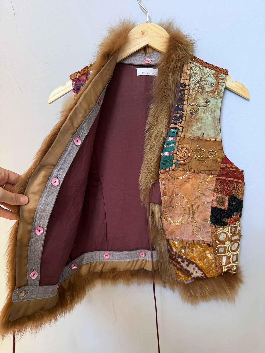 Pinko Laborioso Embroidered Patchwork Fur-Trim Vest S-M