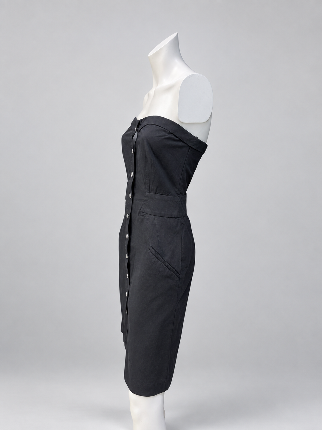 Mugler black strapless button-front dress