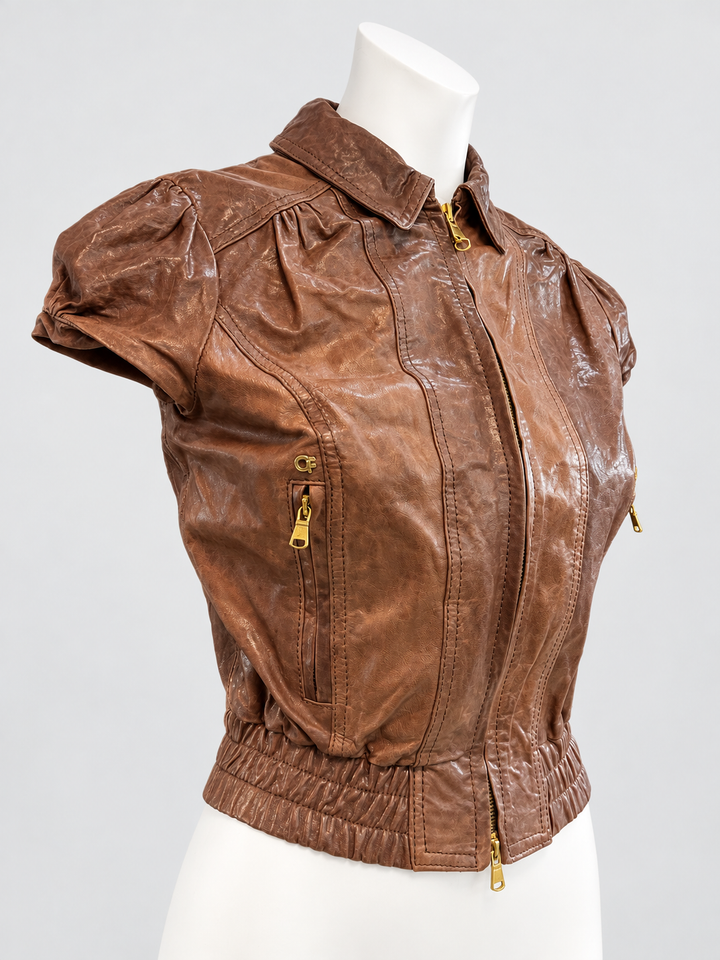 Cristinaeffe brown leather puff-sleeve jacket