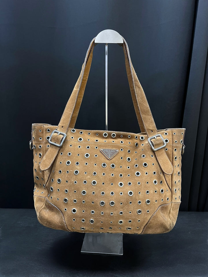 Prada Vintage Brown Suede Eyelet Tote Bag – Made in Italy
