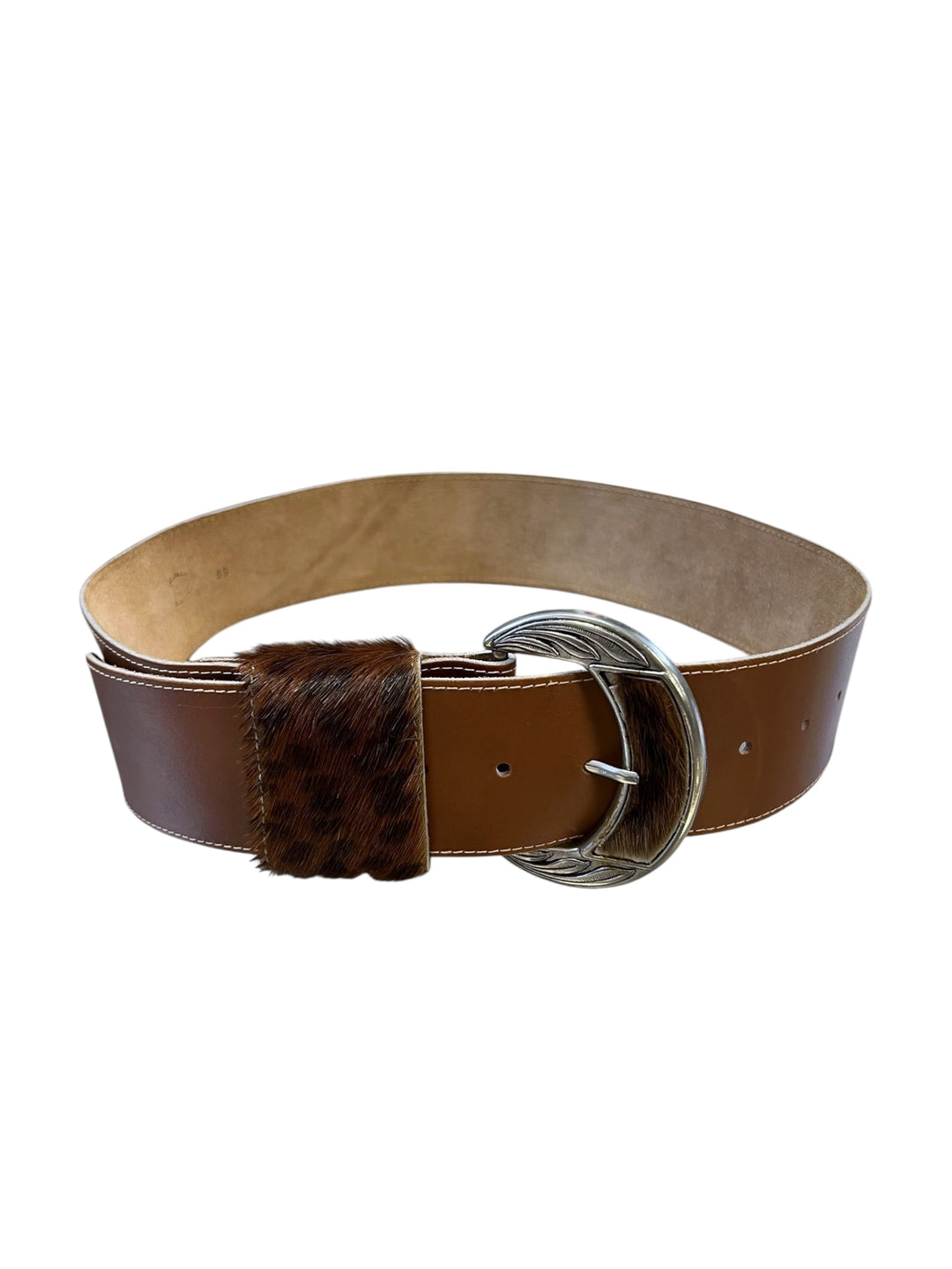 Brown Leather Belt with Fur Detail & Silver Buckle