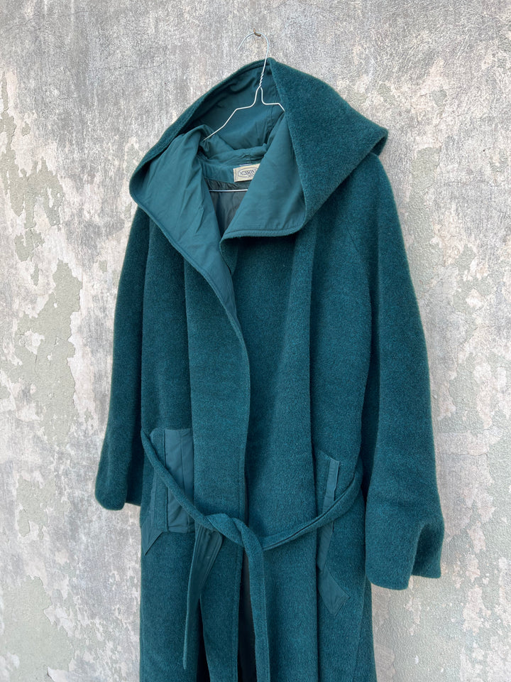 Missoni Donna 80's Vintage Longline Dark Green Hooded Wool Coat Women’s Large