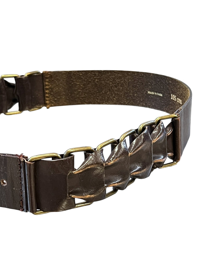 Vintage Brown Leather Belt with Woven Chain Detail
