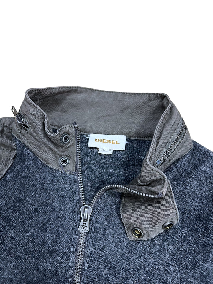 Diesel Military-Inspired Grey Knit & Cotton Panel Zip-Up Jacket Medium Slim Fit