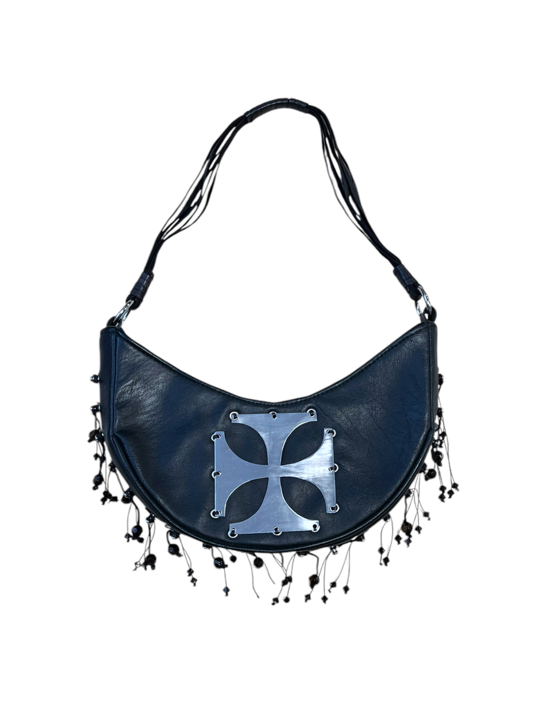 Unique crescent-shaped shoulder bag w/ polished metal Cross