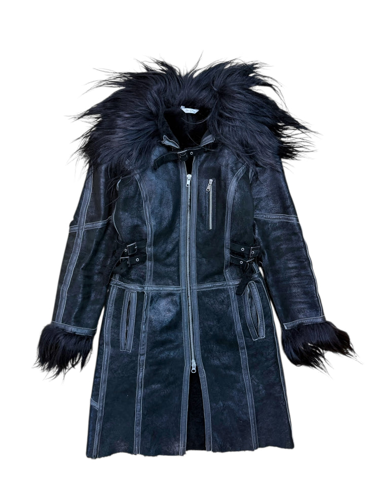 Vintage long shearling coat with dramatic fur trim extra small