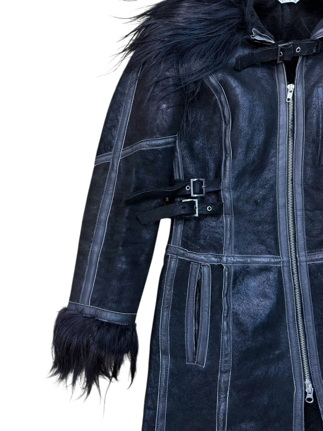 Vintage long shearling coat with dramatic fur trim extra small