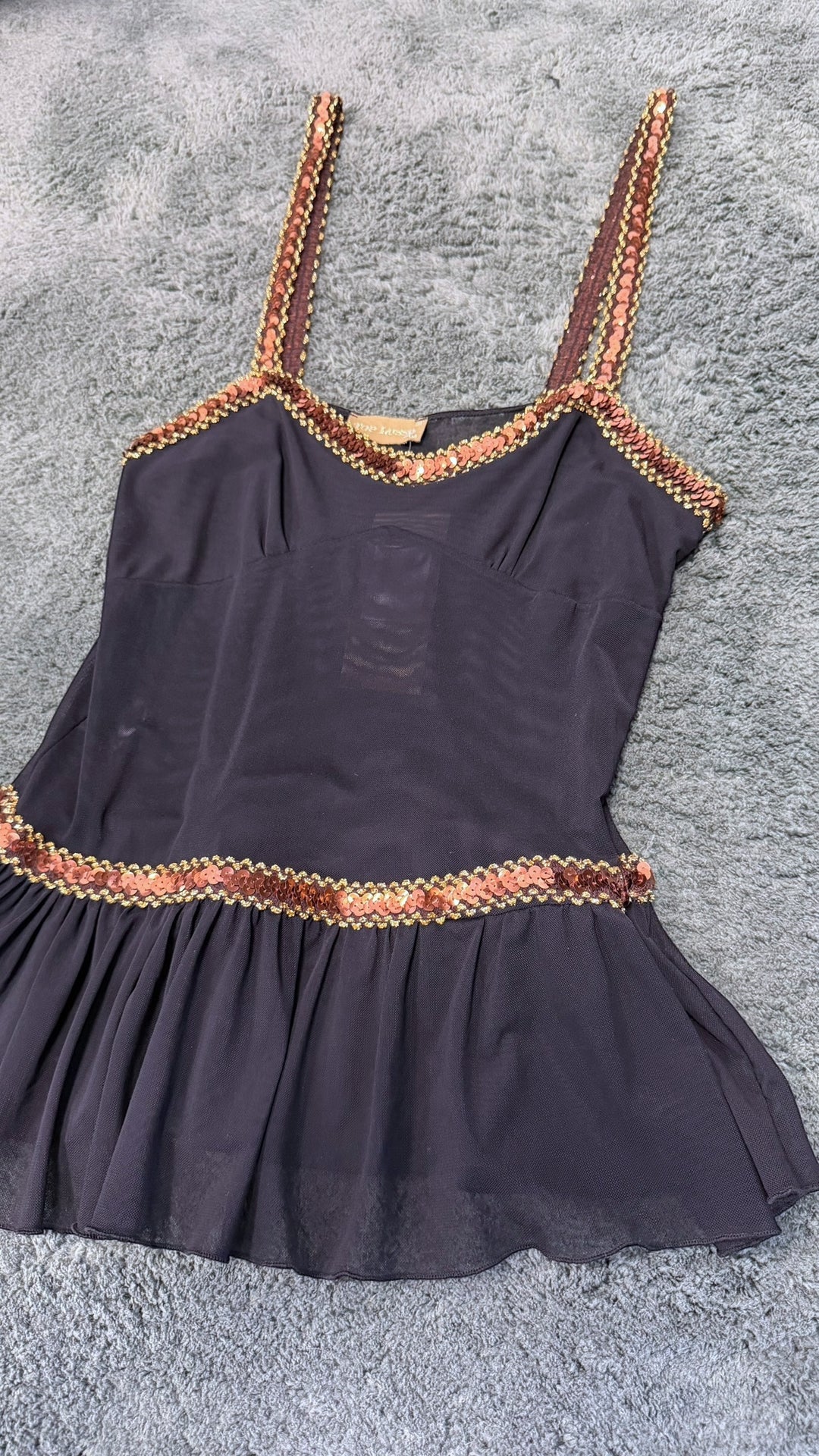Vintage black sheer sequin strap top