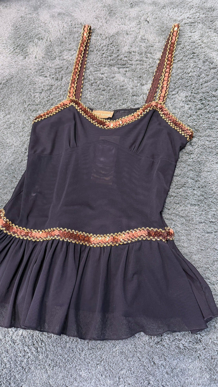 Vintage black sheer sequin strap top