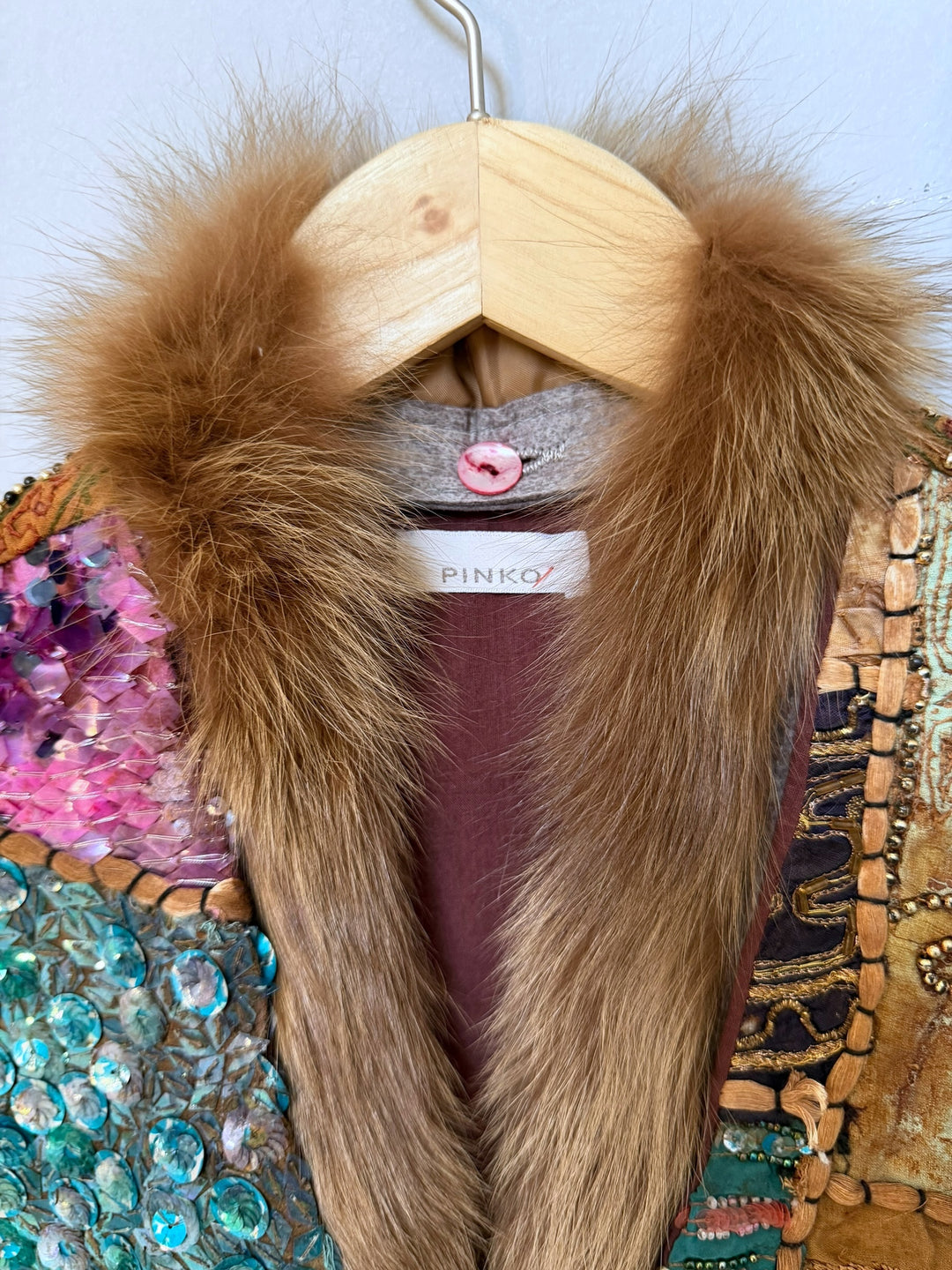 Pinko Laborioso Embroidered Patchwork Fur-Trim Vest S-M