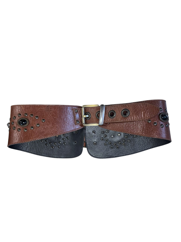 Vintage Brown Leather Belt with Studs & Gemstone Details