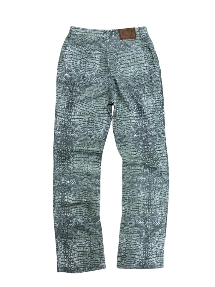 2000s Cavalli Jeans green crocodile print stretch jeans small
