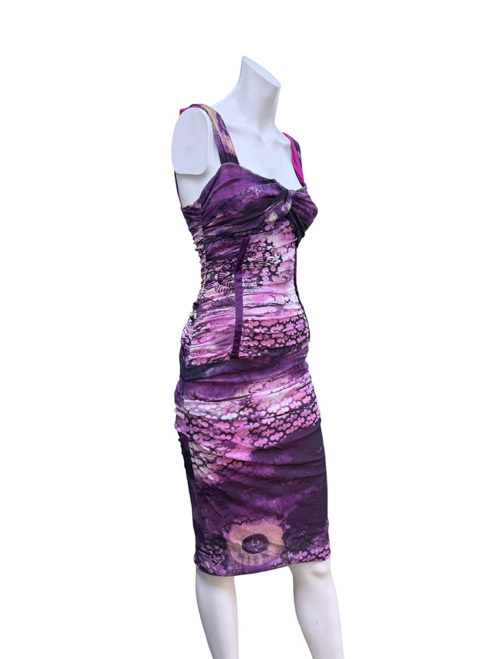 Roberta Scarpa purple ruched mesh midi dress