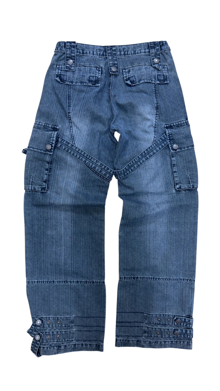 Fishbone denim cargo pants with straps