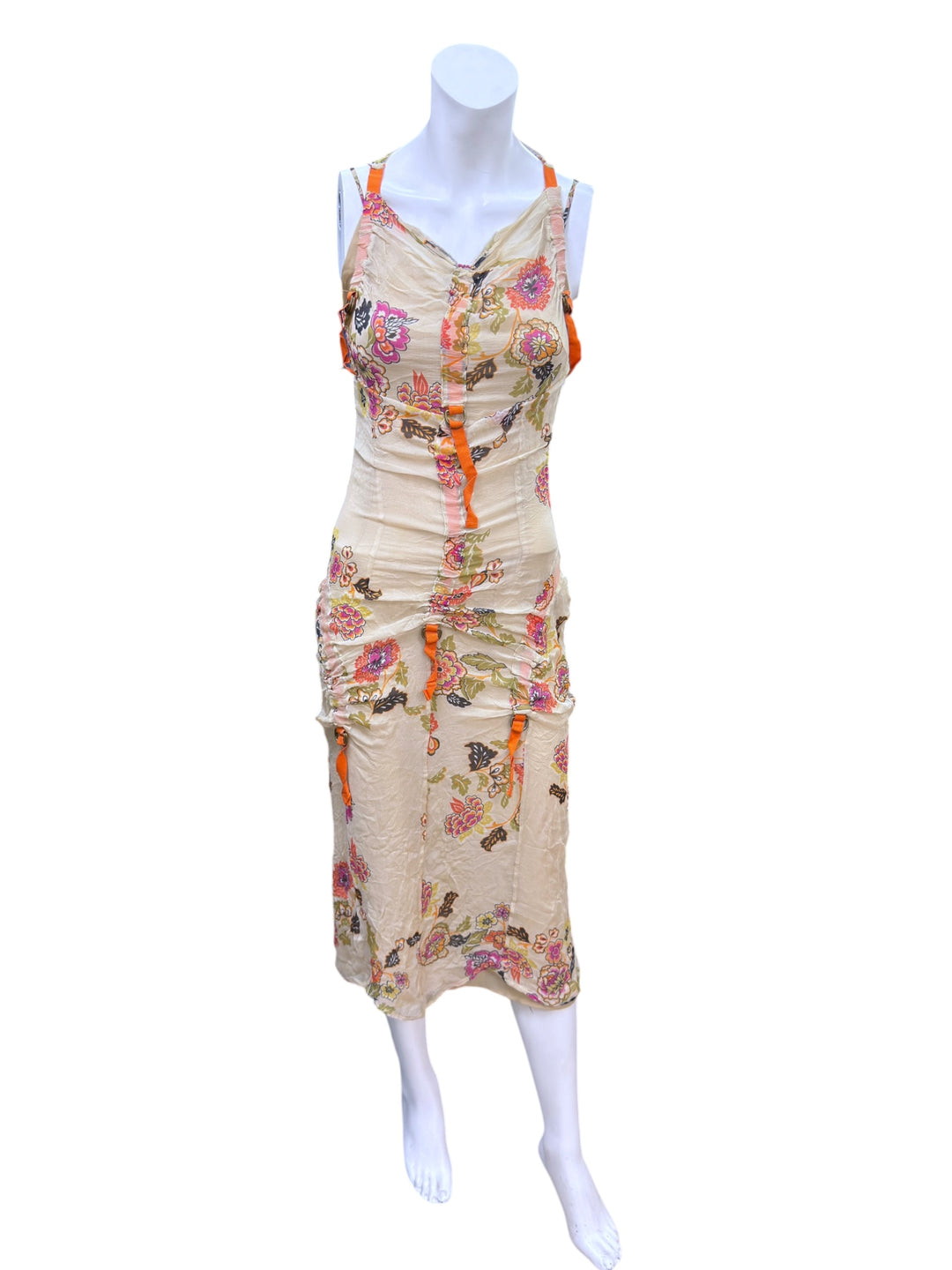 Vintage floral silk ruched midi dress