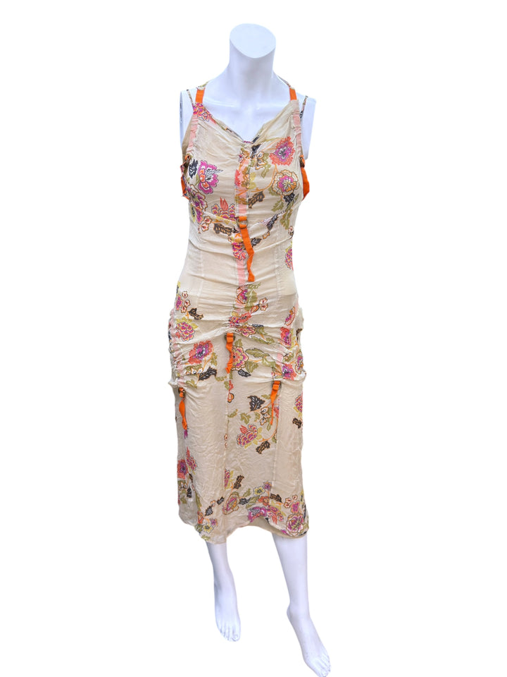 Vintage floral silk ruched midi dress