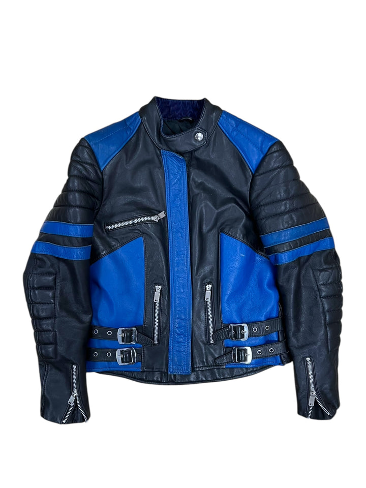 Vintage Black & Blue Leather Biker Jacket Women’s XS–S